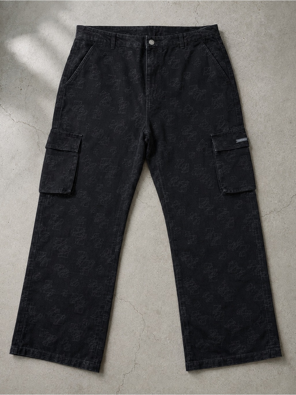 YoungLA 6028 Tonal Monogram Cargo Jeans Baggy Streetwear Wide Leg Black XL